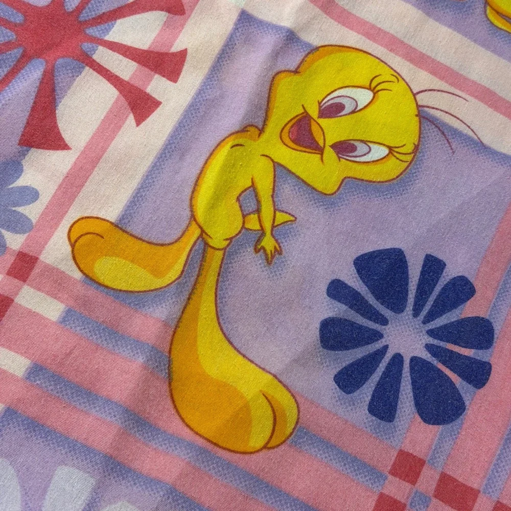 Vintage Warner Bros Tweety Bird Flat Sheet 2003 Looney Tunes Plaid Floral Purple